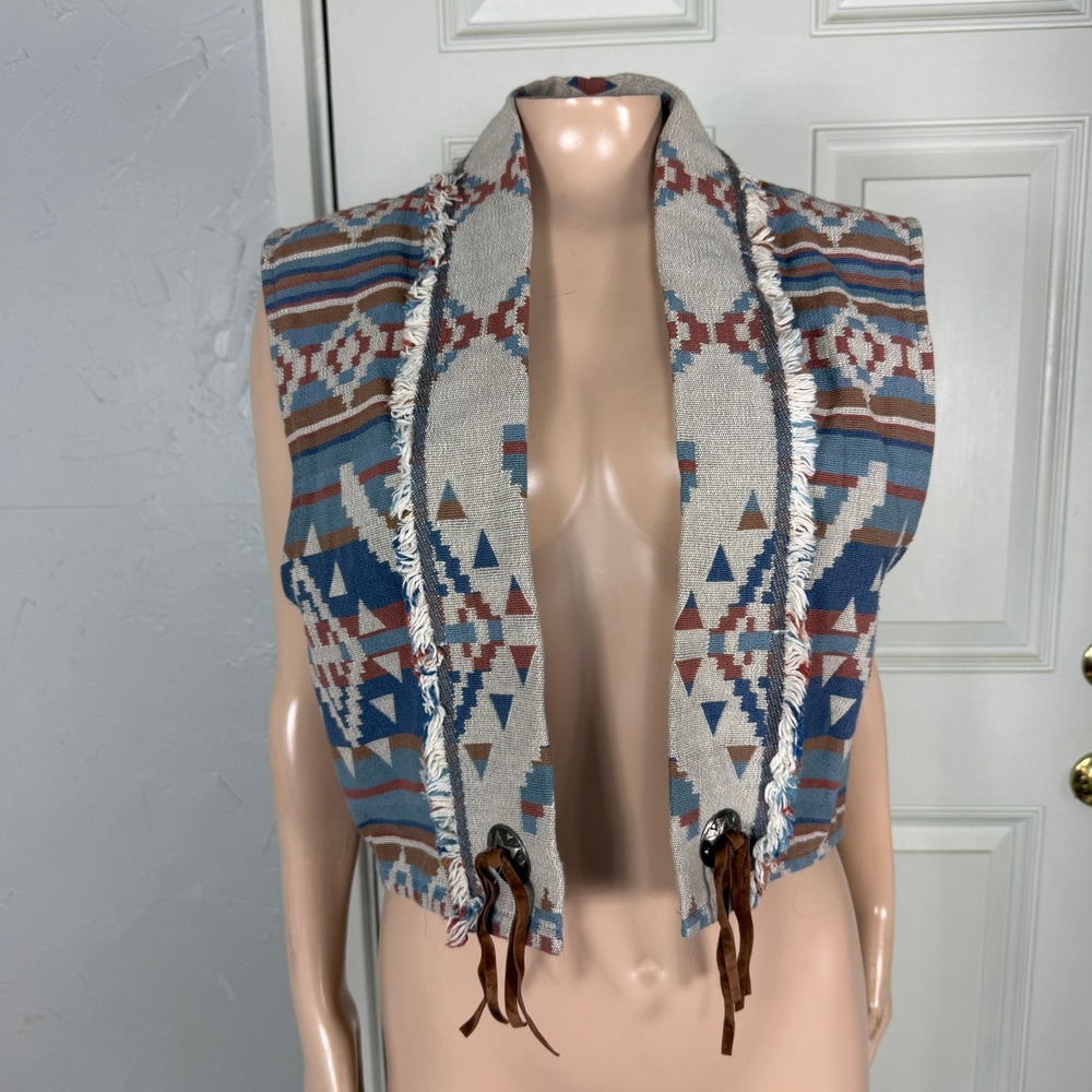 Vintage Banjo Western Coat Jacket Large Aztec Tapestry Vest Cotton Fringe TT12